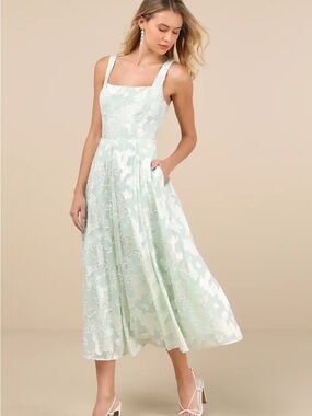 Lulus Loira Mint Burnout Jacquard Lace-up Midi Dress- Large